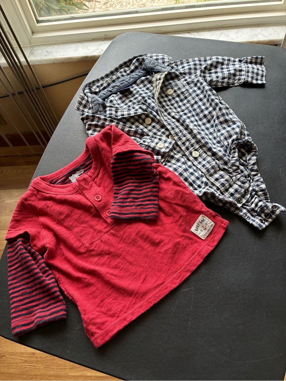 GAP Red Long-Sleeve Tee with Navy Stripe Sleeves